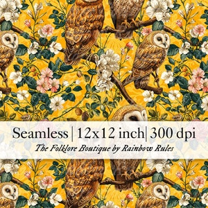 May include: A seamless digital paper pattern featuring barn owls and floral elements on a yellow background. The pattern is 12x12 inches and 300 dpi. The Folklore Boutique by Rainbow Rules.