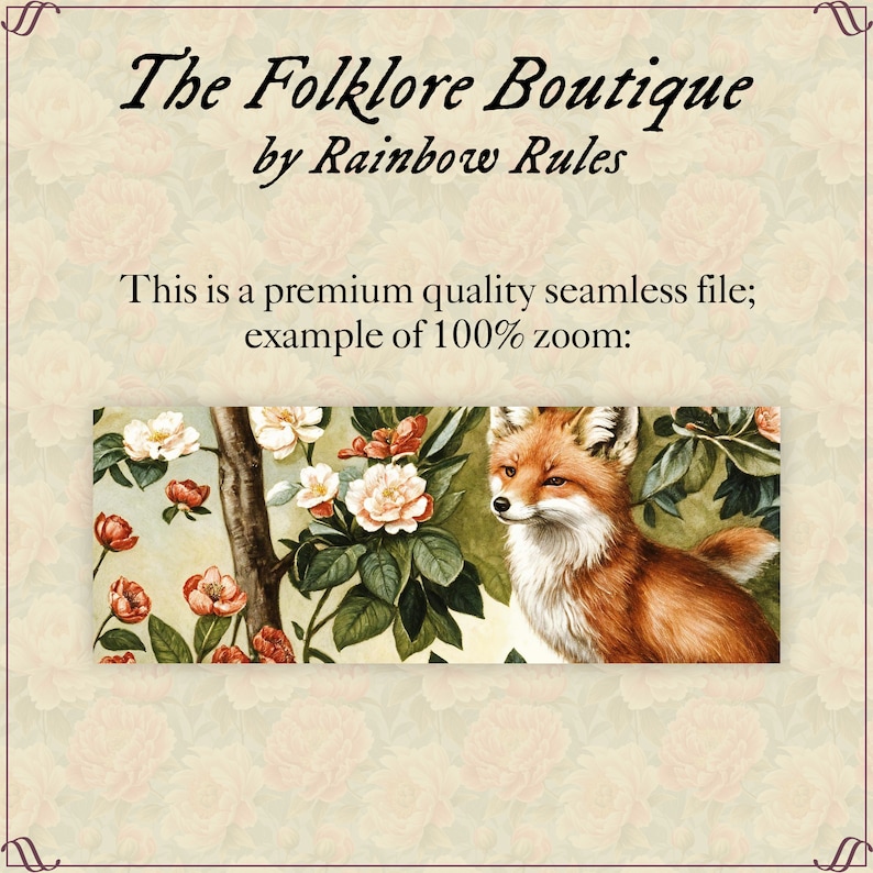 May include: A red fox with white fur on its chest and a bushy tail is peeking out from behind a bush of pink and white flowers. The background is a soft, floral pattern.