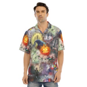 Aquarela O Estranho Mundo de Jack - Camisa masculina abotoada, shorts, polo e camiseta inspirada na Disney nos tamanhos XS–8XL (nova edição global) 1. Men's Button Up Shirt