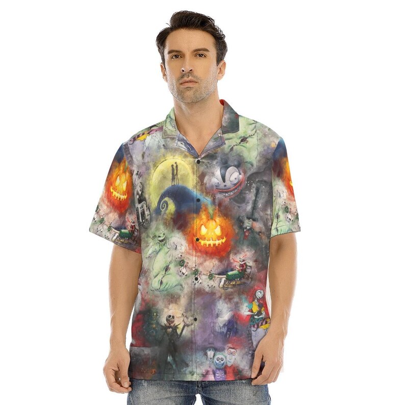 Aquarela O Estranho Mundo de Jack - Camisa masculina abotoada, shorts, polo e camiseta inspirada na Disney nos tamanhos XS–8XL (nova edição global) 1. Men's Button Up Shirt