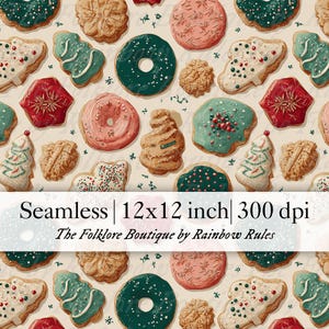 Könnte beinhalten: Ein nahtloses Muster mit verschiedenen verzierten Keksen in Rosa-, Grün- und Brauntönen. Die Kekse umfassen Donuts, Weihnachtsbäume und Sternformen. Der Text "Seamless | 12x12 inch | 300 dpi" wird angezeigt.