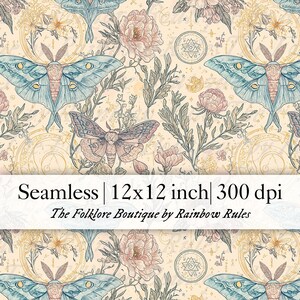 Puede incluir: Patrón sin costuras con polillas, flores y elementos botánicos en tonos pastel. El diseño presenta un patrón repetitivo de polillas azules y rosas, peonías y follaje. El texto dice "Seamless | 12x12 inch | 300 dpi" y "The Folklore Boutique by Rainbow Rules."