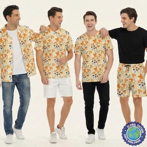 May include: A collection of apparel featuring a repeating pattern of orange and brown cartoon bear heads, coffee cups, and circular icons. The set includes a short-sleeve button-down shirt, a polo shirt, a crew-neck t-shirt, and drawstring shorts.
