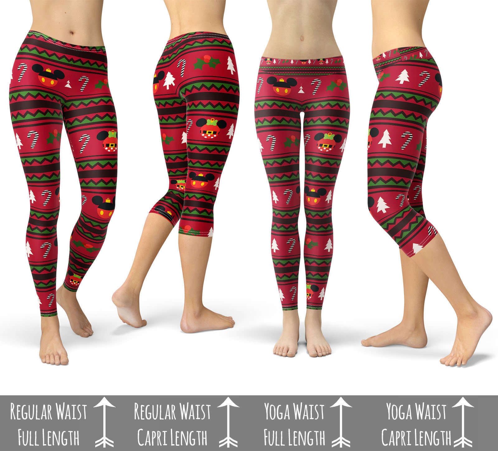Yoga Waist Full Length Leggings - Adult XS / Girl's 8-10 - Christmas Mickey  & Minnie Reindeer - READY TO SHIP - Rainbow Rules