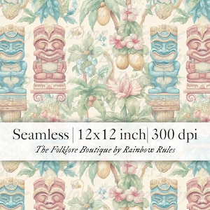 May include: A seamless digital paper pattern featuring a tropical theme with tiki idols, palm trees, flowers, and fruit. The pattern is in a watercolour style with soft pastel colours. The text "Seamless | 12x12 inch | 300 dpi" and "The Folklore Boutique by Rainbow Rules" is included in the design.