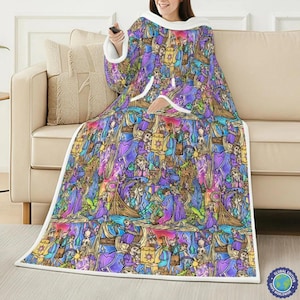 Felpa con cappuccio indossabile Rapunzel Storybook Scenes: calore oversize, fodera in sherpa, tasca a marsupio per gli oggetti essenziali (nuova edizione globale)