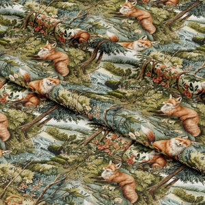 May include: A repeating pattern of red foxes resting in a lush green forest setting. The fabric features a detailed illustration of the foxes, trees, and foliage.