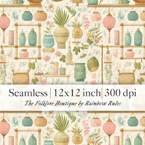 May include: A seamless digital paper pattern featuring a tropical theme with bamboo shelves, plants, lanterns, and other decorative elements. The pattern is 12x12 inches and 300 dpi. The text "The Folklore Boutique by Rainbow Rules" is included in the design.