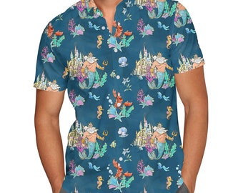 Whimsical Triton and Sebastian - Theme Park Inspired Men's Button Down Short-Sleeved Shirt in XS - 5XL