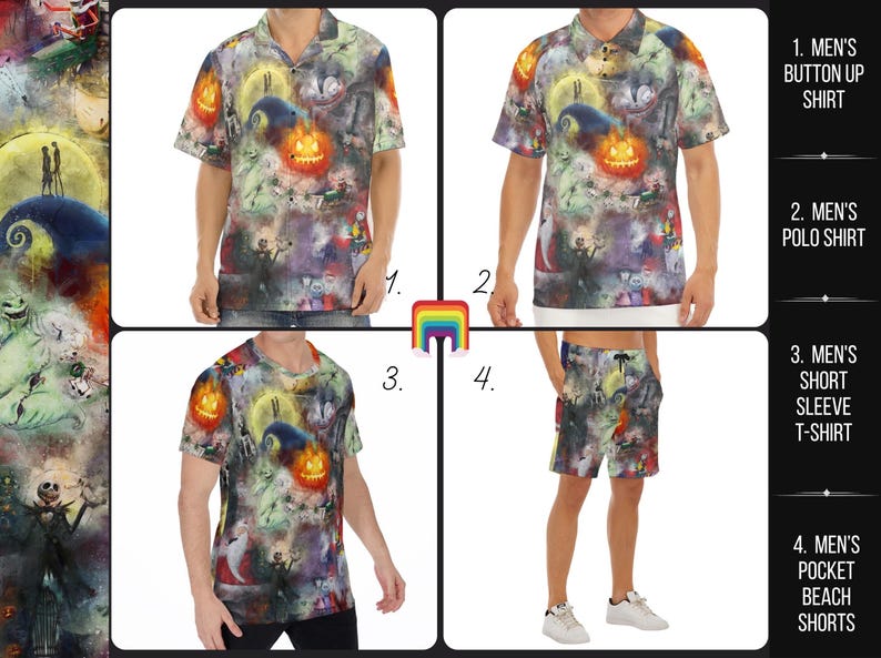 Aquarela O Estranho Mundo de Jack - Camisa masculina abotoada, shorts, polo e camiseta inspirada na Disney nos tamanhos XS–8XL (nova edição global) imagem 2