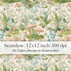 May include: A seamless digital paper pattern featuring a whimsical woodland scene with mushrooms, flowers, and ferns. The background is a soft cream colour, and the pattern is 12x12 inches at 300 dpi. The text "The Folklore Boutique by Rainbow Rules" is included in the design.