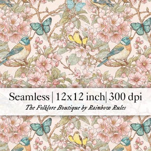 Uccelli vintage e fiori di ciliegio - Carta digitale premium con motivo senza cuciture, download immediato ESCLUSIVO LIMITATO A 10