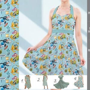 Puede incluir: Vestido midi vintage con cuello halter azul claro con estampado de personajes de dibujos animados. El vestido presenta un escote corazón, un corpiño ajustado y una falda acampanada. El vestido tiene un cinturón a juego y está hecho de una tela ligera. El vestido se muestra con otros tres estilos de vestidos.