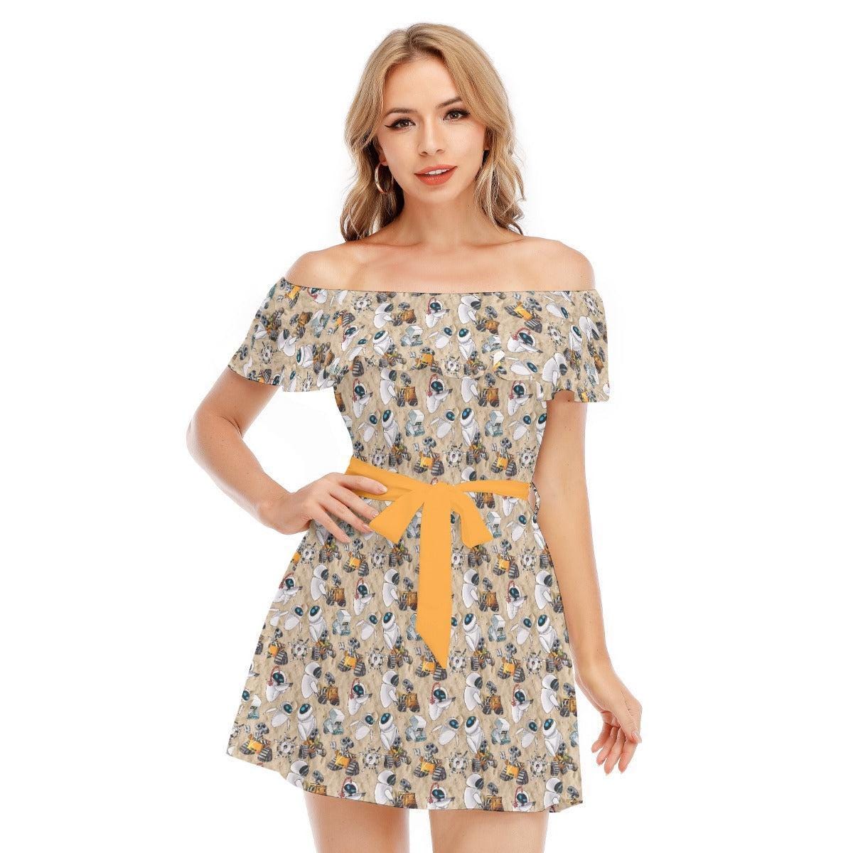 Discover Wall-E & Eve Sketched - Disney Inspired Summer Off-shoulder Ruffle Dress, Mother's Day Gift