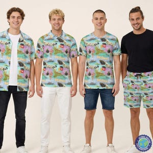 May include: A collection of apparel featuring a repeating pattern of cruise ships, ice cream cones, and Mickey Mouse ears on a light blue background with the text Let's Cruise! The set includes a button-down shirt, a polo shirt, a t-shirt, and shorts.