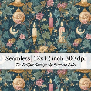 May include: A seamless pattern on a dark teal background, featuring candles, crescent moons, and stars. The design incorporates floral elements in pink, gold, and cream. The text reads "Seamless | 12x12 inch | 300 dpi".