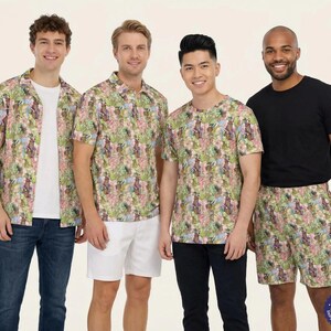 May include: Four people wearing various outfits. Two people are wearing short-sleeved button-down shirts over a white t-shirt and jeans. Another is wearing a short-sleeved t-shirt and black pants. The fourth person is wearing a black t-shirt and shorts.