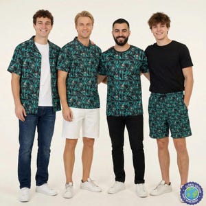 May include: A collection of apparel featuring a dark green and black geometric pattern with small character icons. The items include a short-sleeved button-down shirt, a t-shirt, and shorts, paired with white t-shirts, blue jeans, white shorts, and black pants.