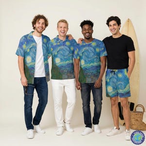 May include: Four individuals wearing clothing featuring a Starry Night print. The items include a short-sleeved button-down shirt, a polo shirt, a crew-neck t-shirt, and a pair of shorts, all displaying swirling blue and yellow patterns.