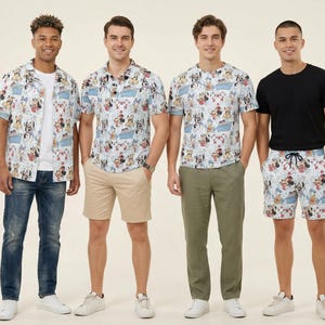 May include: Four individuals wearing various clothing items featuring a repeating Disney character print. The outfits include a button-down shirt over a white t-shirt with blue jeans, a patterned polo shirt with beige shorts, a patterned t-shirt with olive trousers, and a black t-shirt with patterned shorts.