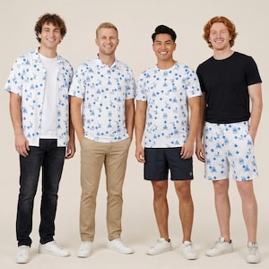 May include: Four individuals wearing various clothing items featuring a blue and white repeating pattern. The outfits include a short-sleeved button-down shirt, a polo shirt, a t-shirt, and shorts, paired with solid-coloured jeans, chinos, and shorts.