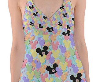 Ready To Ship - Halter Skirted Swimsuit - L - Pastel Mickey Ears Balloons Theme Park Inspired - FINAL SALE