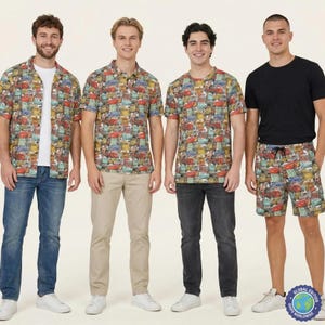 May include: Four individuals wearing clothing featuring a colourful Cars movie character print. The outfits include a button-down shirt over a white t-shirt with blue jeans, a polo shirt with khaki trousers, a t-shirt with dark jeans, and a black t-shirt with shorts.