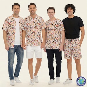 May include: A collection of clothing featuring a repeating pattern of Mickey Mouse icons and colourful treats. The set includes a short-sleeved button-down shirt, a polo shirt, a crew-neck t-shirt, and drawstring shorts, all displaying the same print.