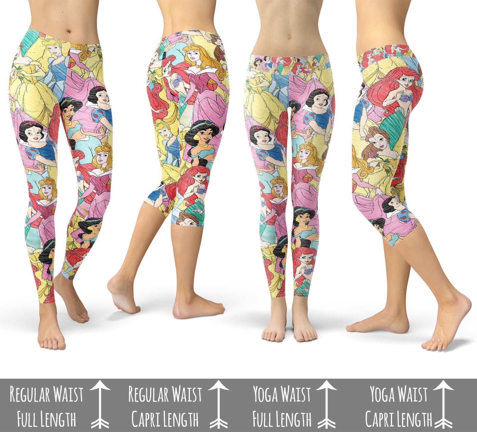 Princess Sketches Theme Park Inspired Leggings in Capri or Full Length, Sports  Yoga Winter Styles in Sizes XS 5XL 
