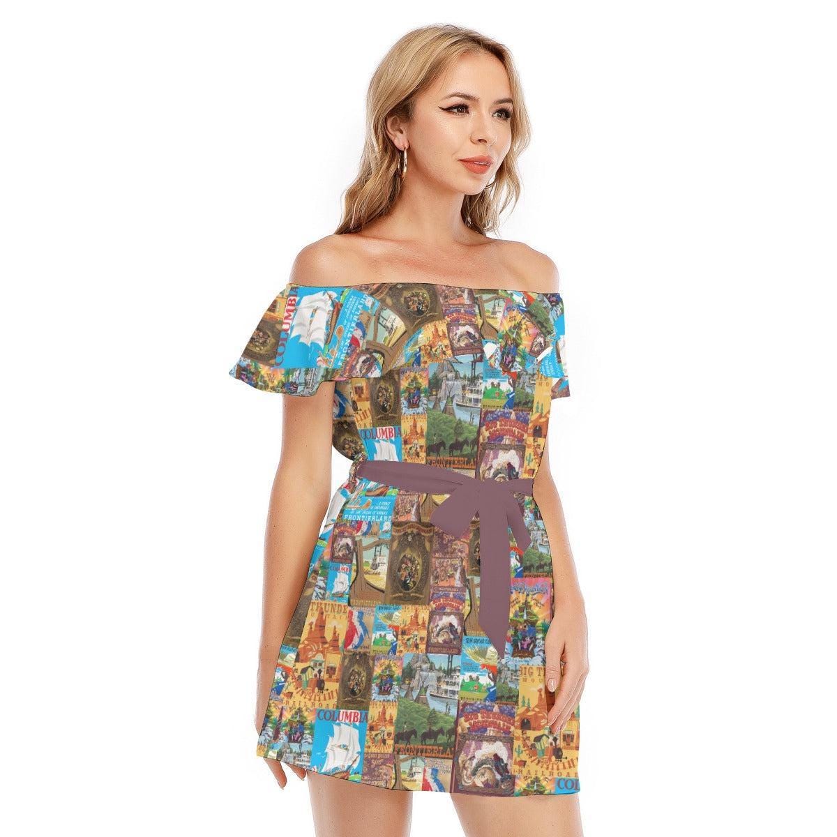 Discover Frontierland Vintage Attraction Posters - Disney Inspired Summer Off-shoulder Ruffle Dress, Mother's Day Gift