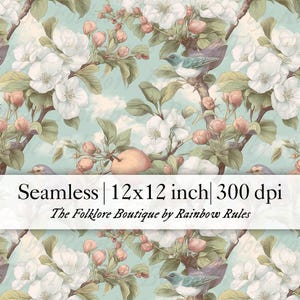 Könnte beinhalten: Nahtloses Blumenmuster mit weißen Blüten, grünen Blättern und Vögeln auf Ästen. Das Design umfasst Pfirsiche und einen hellblauen Hintergrund. Der Text lautet "Seamless | 30.48 x 30.48 cm | 300 dpi".