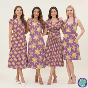 May include: Four women in purple dresses featuring a gold sunburst design. The dresses vary in style, with options like a halter neck and wrap dress. The knee-length dresses are worn with heels. The dresses are approximately 90 cm in length.