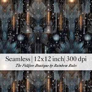 May include: Seamless digital pattern with a dark backdrop, teal and silver floral and feather motifs, and strings of glowing orbs. The text reads "Seamless | 12x12 inch | 300 dpi". The design is 30.48 cm x 30.48 cm.