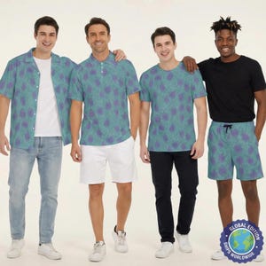 May include: Four clothing items featuring a teal and purple fur-like pattern: a short-sleeve button-down shirt worn over a white t-shirt, a polo shirt, a crew-neck t-shirt, and a pair of elastic-waist shorts paired with a solid black t-shirt.