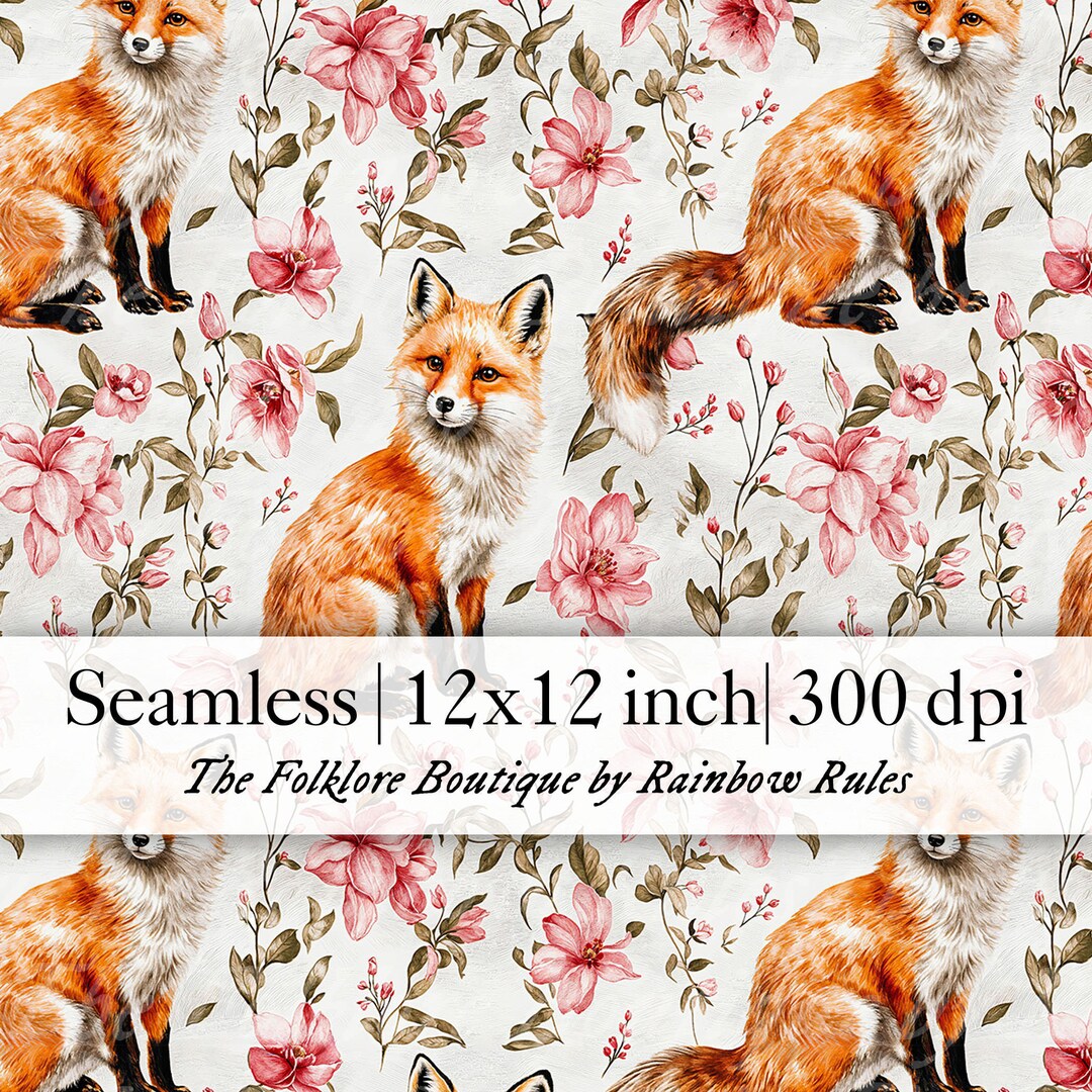 Vintage Foxes and Pink Florals - Seamless Pattern Premium Digital Paper ...