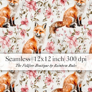 Puede incluir: Un patrón sin costuras con zorros rojos y flores rosas sobre un fondo blanco. El patrón es de 12x12 pulgadas y 300 dpi. El texto "The Folklore Boutique by Rainbow Rules" está incluido en la imagen.