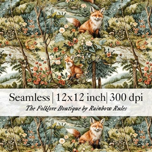 May include: A seamless pattern featuring red foxes in a forest setting. The pattern includes green trees, flowers, and a stream. The text "Seamless | 12x12 inch | 300 dpi" and "The Folklore Boutique by Rainbow Rules" is included in the image.