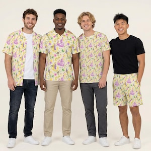 May include: A collection of apparel featuring a light yellow fabric with a repeating pattern of purple castles, green vines, and small floral accents. The set includes a short-sleeved button-down shirt, a polo shirt, a t-shirt, and a pair of shorts.