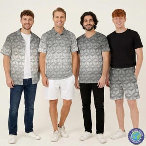 May include: Four individuals wearing clothing with a grey and white geometric triangular pattern. The outfits include a short-sleeved button-down shirt, a polo shirt, a t-shirt, and shorts, paired with blue jeans, white shorts, and black trousers.