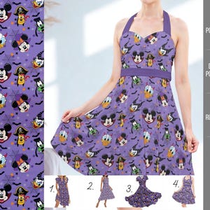 May include: A purple halter vintage pocket midi dress with a Halloween-themed Disney character print, including Mickey Mouse and Donald Duck. The dress has a sweetheart neckline and a flared skirt. The image also shows the dress fabric and three other dress styles.