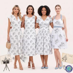 May include: Four dresses featuring a white and light blue striped pattern with grey floral and character illustrations. The styles include a flutter-sleeve midi dress, a sleeveless midi dress, a short-sleeve wrap-style dress, and a halter-neck dress.