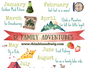 12 Family Adventures Poster. Making family memories/ family time/ outdoor activity ideas. Nature Activity ideas. INSTANT digital download