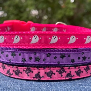 May include: A set of three dog collars with Halloween themes. The top collar is pink with white ghost silhouettes. The middle collar is purple with black glitter stars. The bottom collar is pink with black skull and crossbones.