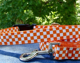 Orange & White Check Top Seller Dog Collar or Leash - 5/8" wide, 3/4" wide, 1" wide, 1.5" wide- Ready to Ship!