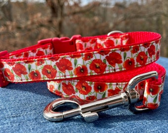 Poppy Flower Dog Collar or Leash 5/8", 3/4", 1" wide - Made to Order