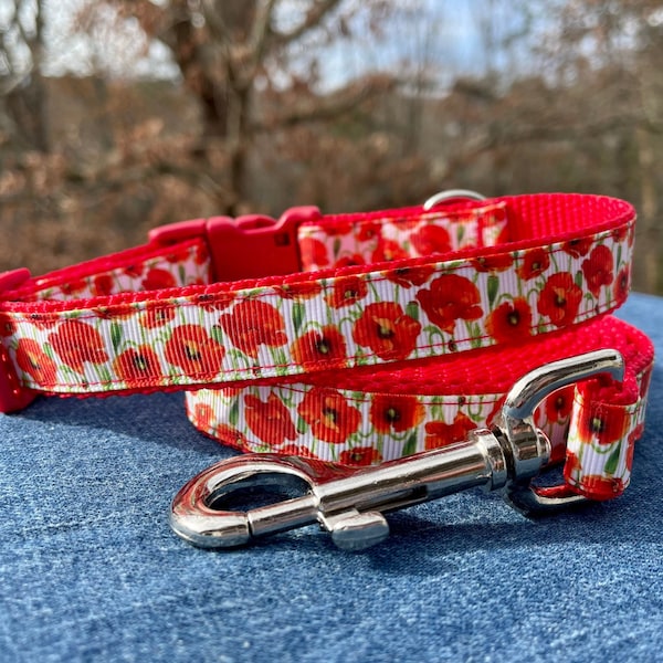 Poppy Flower Dog Collar or Leash 5/8", 3/4", 1" wide - Made to Order