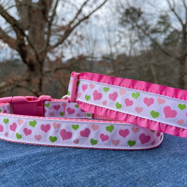 Pink & Green Glitter Hearts Valentine Dog Collar - Ready to Ship