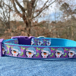 Blue/Purple Winter Penguin Christmas Dog Collar - RTS