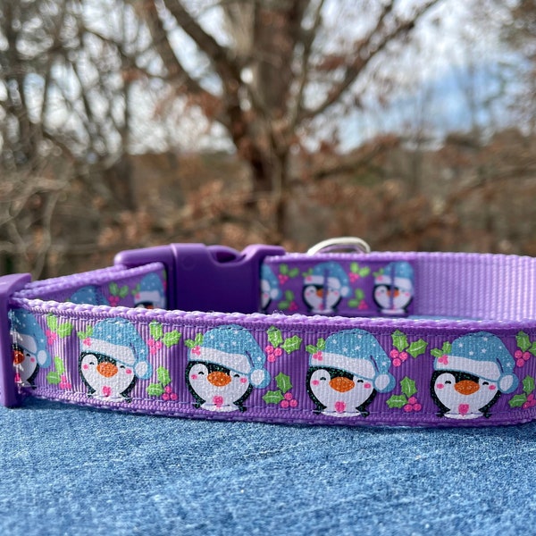 Purple Winter Penguin Christmas Dog Collar - Martingale/Ruffle 1" wide  RTS