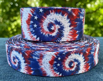 Patriotic Tie Dye Grosgrain Ribbon 1" wide or 1.5" wide Ribbon, Hair Bow Craft Ribbon, Dog Collar - Sold by the Yard